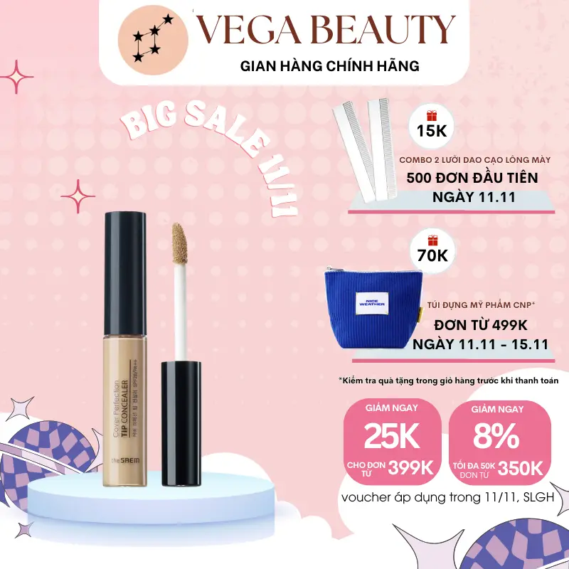 Kem che khuyết điểm THE SAEM Cover Perfection Tip Concealer SPF28/PA++ 6.5g che phủ và làm đều màu da hiệu quả Nữ Women Cosmetic Mỹ Phẩm