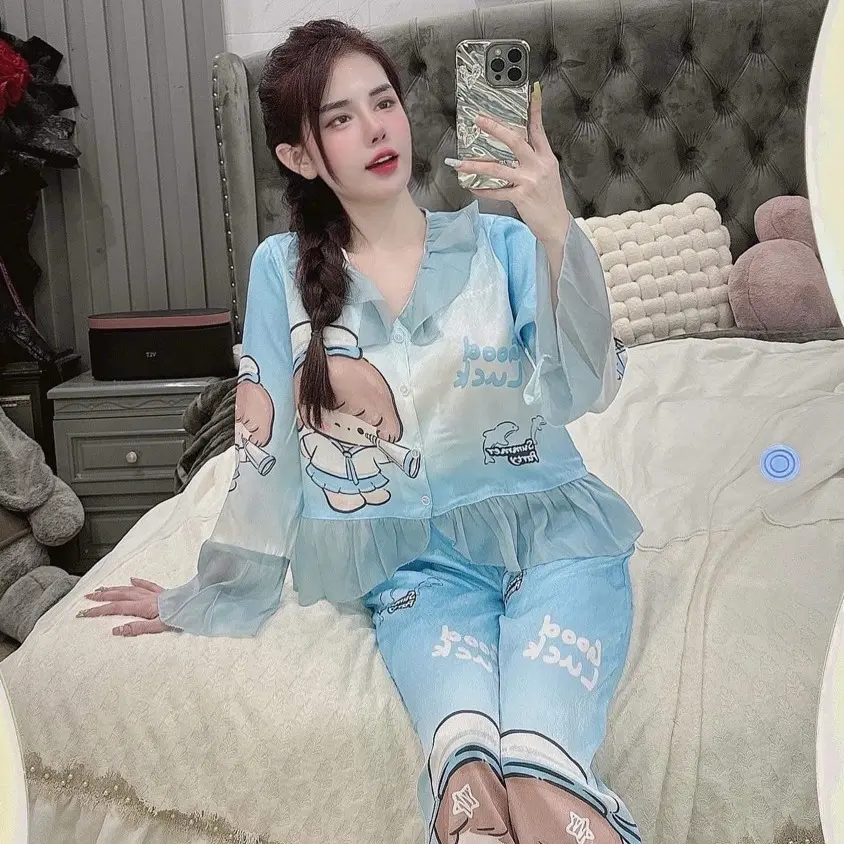 [40-60KG]Bộ Lụa Xước Mềm Tay Dài Loe Quần Dài TDQD Cổ Tiểu Thư In Họa Tiết 5D Cao Cấp Tay Loe VIP57 Women Voi Thun Voan Quần Ngủ