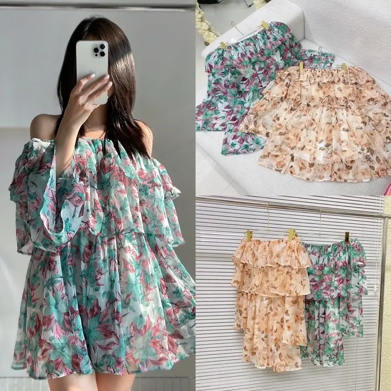 ￼Áo/Váy Hoa Trễ Vai Dáng Xoè Ngắn Dành Cho Nữ