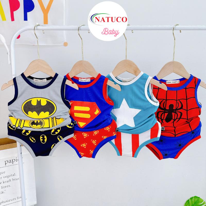 Bộ Quần Áo Trẻ Em Ba Lỗ, Quần Chip Vải Thun Lạnh Natuco Mềm Mát Cho Bé Trai, Bé Gái 0-4 Tuổi (4-15Kg) Hình Siêu Nhân, Người Nhện BL-IN61