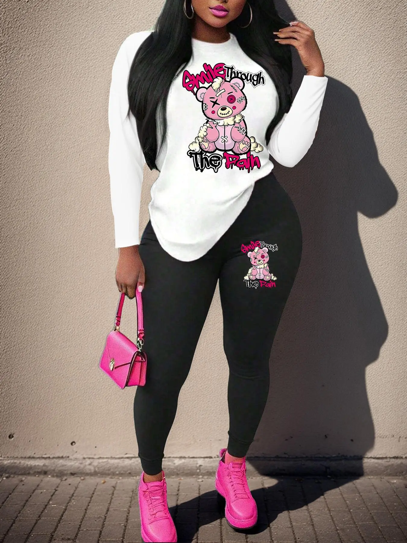 【Plus Size】 Two-Piece Set Cartoon Bear Print Tee & Skinny Pants, Casual Round Neck Long Sleeve T-shirt & Trousers for Daily Wear, Women's Two-piece Outfits for Spring & Fall
