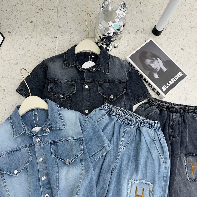 Sét Jeans Áo Cổ Đức Tay Cộc Khuy Bấm , Quần Baggy Dài Thêu Cạp Chun Cho Nữ, Thêu Chữ Khung Bò Giả Chất JEANS Mền  Có Túi Có Cổ GOBY OFFICIAL SBD09 4