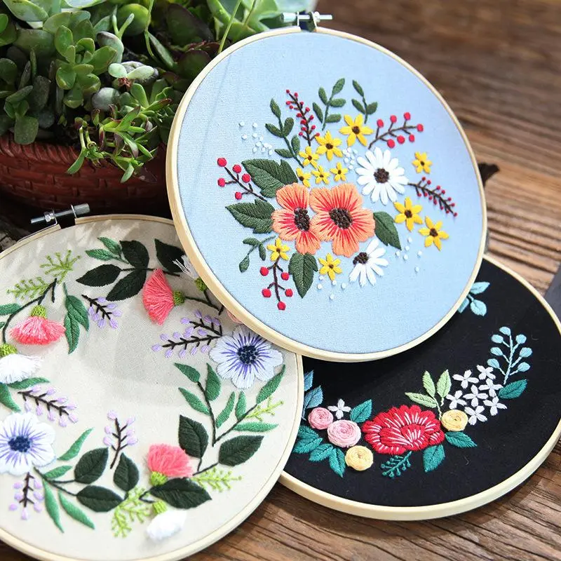 Flower Pattern Embroidery Kit, 3 Counts/set DIY Handmade Embroidery Kit with Hoop, Cross Stitch Embroidery Set for Home Decoration Gift 2