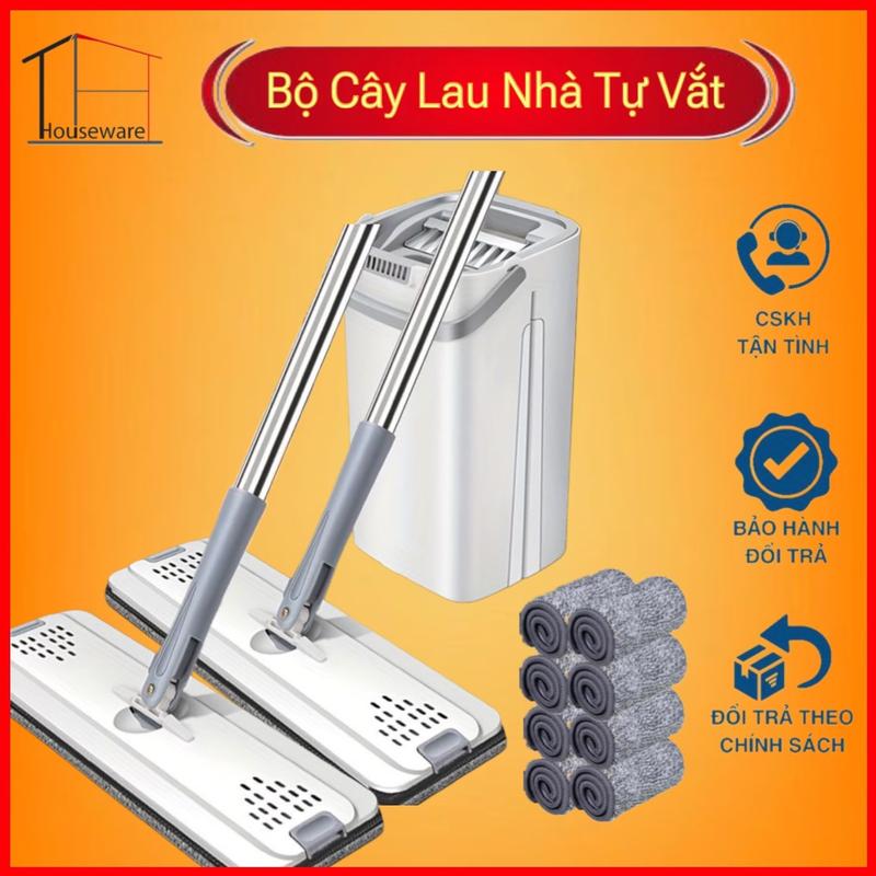 Bộ Cây Lau Nhà( 1 thùng + 2 cây lau + 8 miếng lau) Chổi Lau Nhà Tự Vắt 360 Độ Kèm Bông Lau, Thùng Lau Sàn Làm Sạch Inox