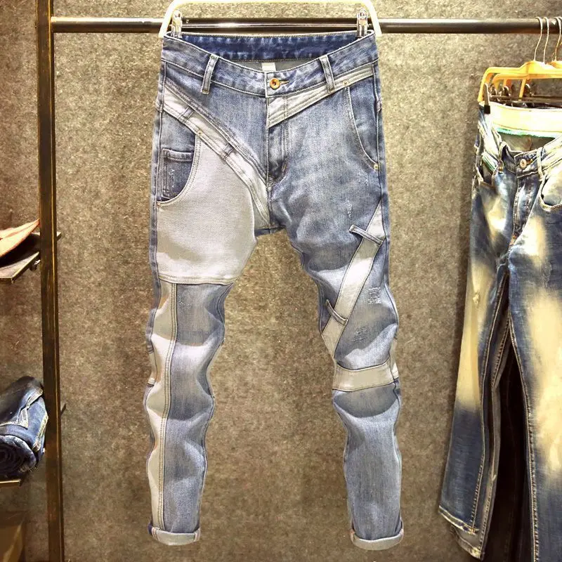 Autumn and Winter Fashionable All-Match Jeans Men's Fashion Brand European and American Slim Fit Skinny Stretch Trousers Men's Stitching Holes, Blue