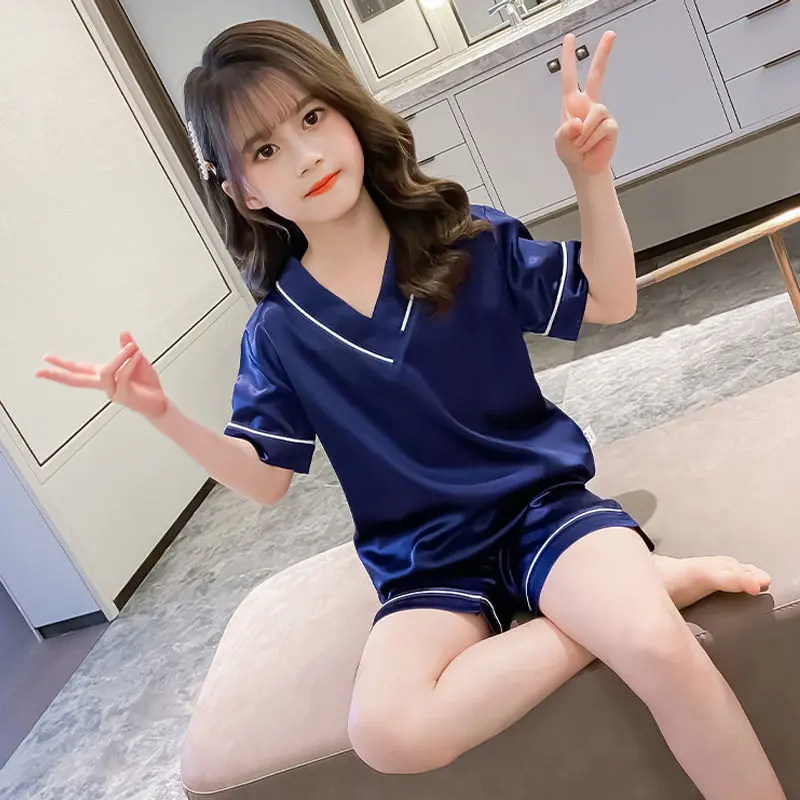 2025 Middle and Big Children Air Conditioning Clothes Summer Korean Style Short Sleeve Girls' Pajamas Suit Loose New Ice Silk the Big Kids Homewear