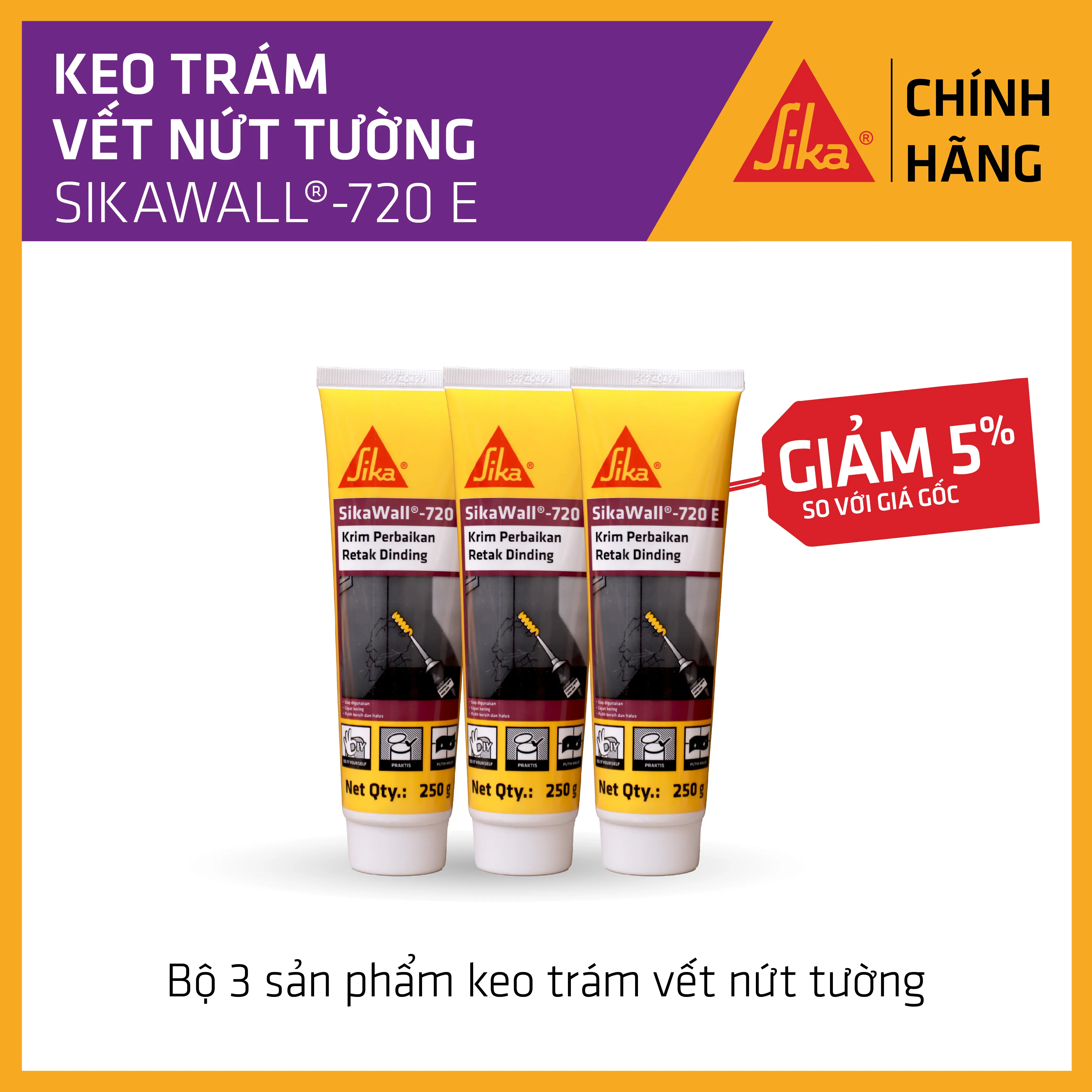 Sika - Bộ 3 sản phẩm keo trám vết nứt tường SikaWall - 720 E (250g)