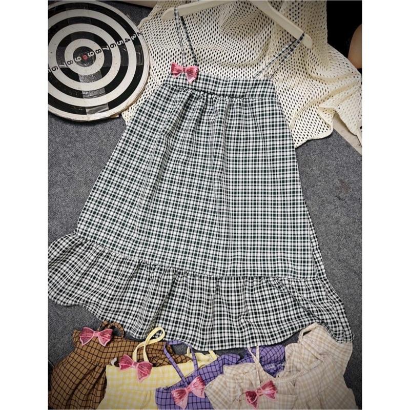 Đầm babydoll sọc caro dáng ngắn (freesize từ 40-55ki) - Nữ, sau váy có bo chun vải kate lụa