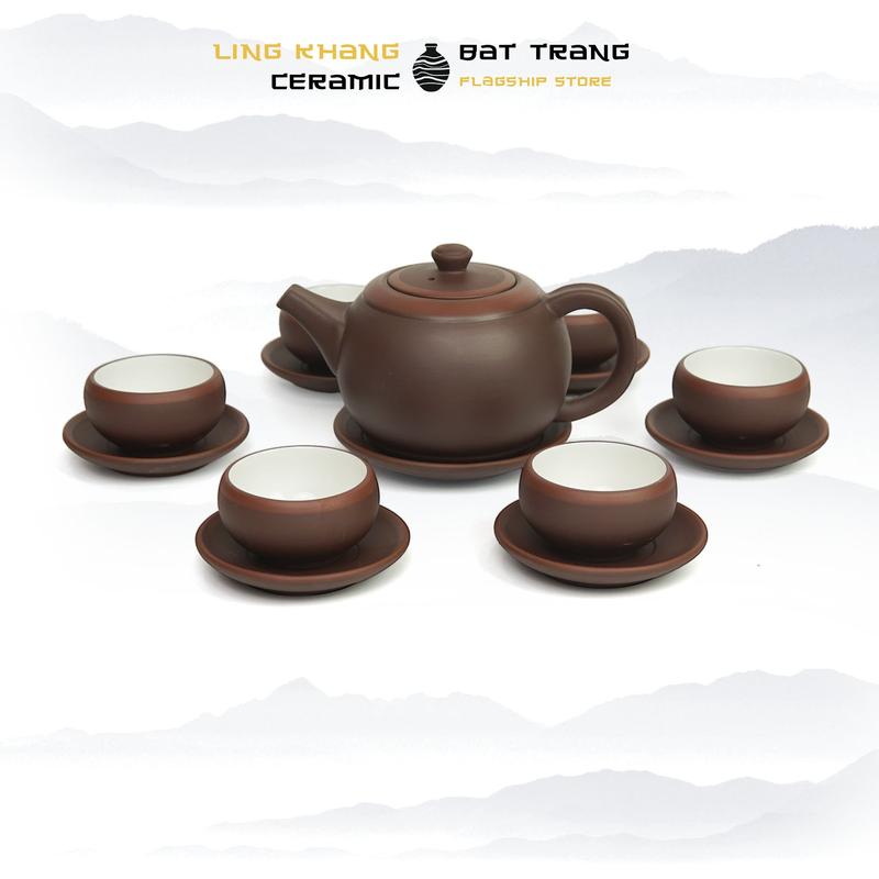 Bộ Ấm Chén Trà Tử Sa Dáng Trống Nâu Kẻ Đỏ 350ml - Nghệ Nhân Vương Mạnh Tuấn - Gốm Sứ Bát Tràng LINH KHANG