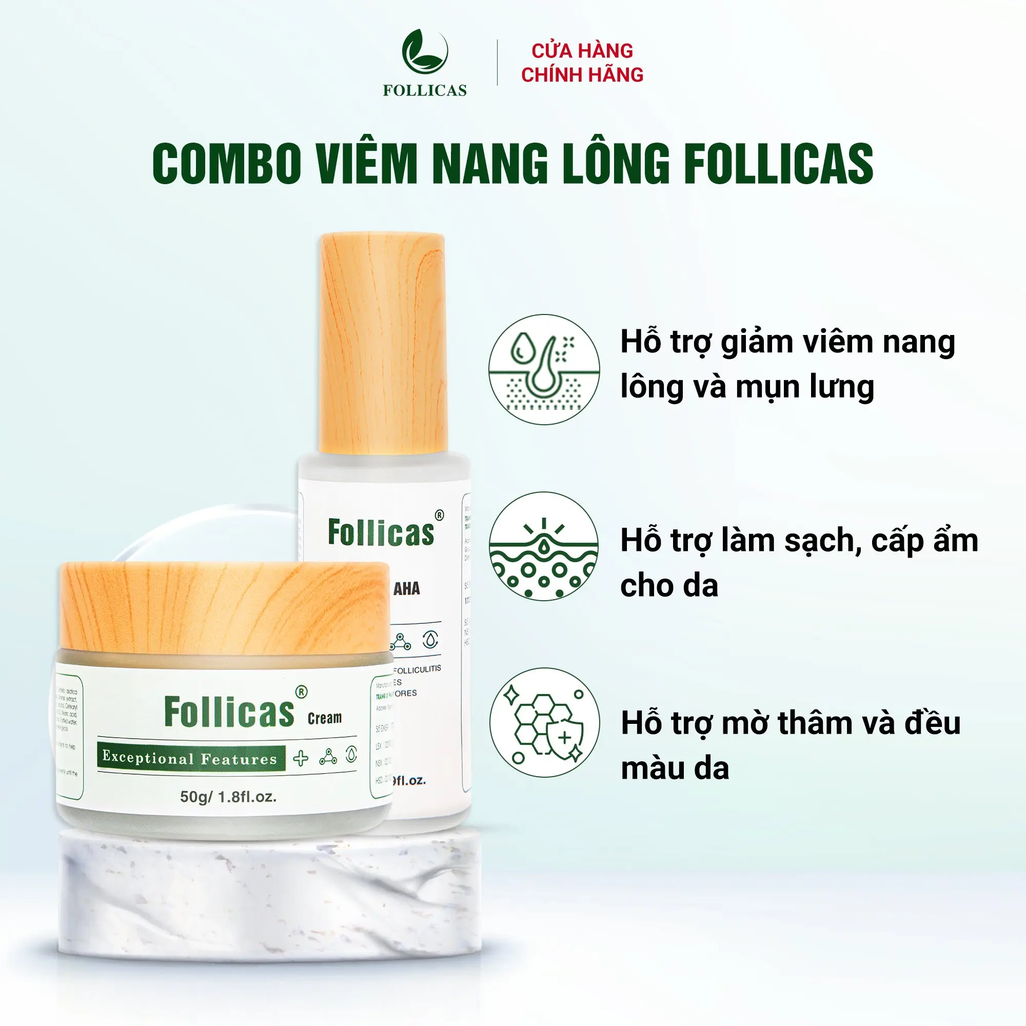 FOLLICAS Bộ liệu trình viêm nang lông, mụn cơ thể - Hỗ trợ cải thiện viêm nang lông, mụn cơ thể, cấp ẩm, làm mềm và mờ thâm (Xịt 50ml và Kem 50g)