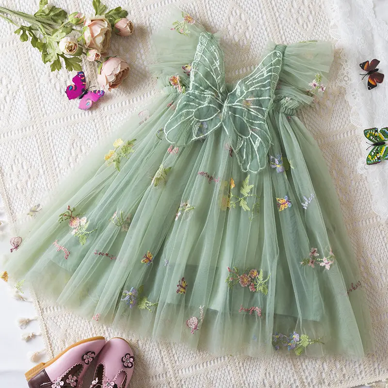 Butterfly Dress for Kids Girls 1-5 Years Ruffles Sweet Summer Mesh Dress Flower Embroidery Birthday Party Princess Dresses with Butterfly 0
