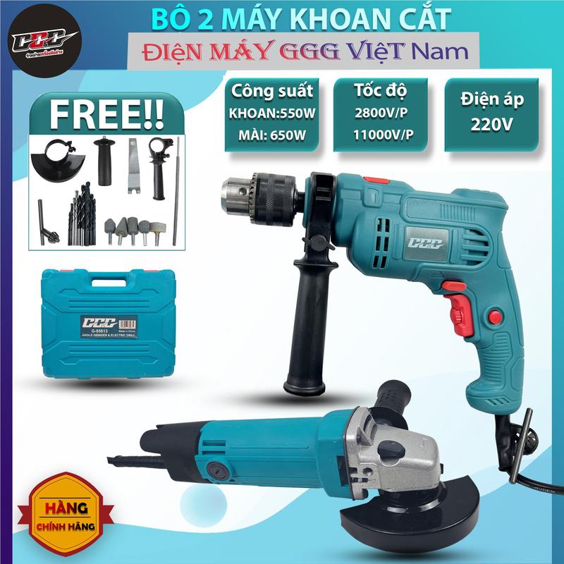 Combo máy khoan 13ly 550w chế độ đấm, khoan đảo chiều, điều tốc + máy mài góc, cắt đa năng 750w siêu tiện lợi + Tặng kèm mũi khoan mài vn gỗ