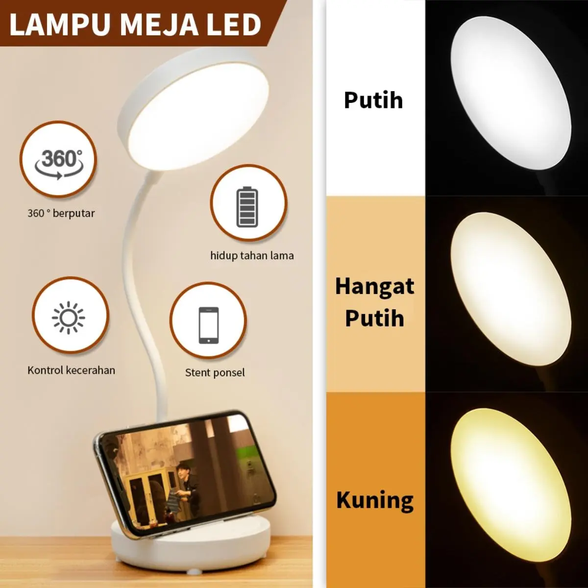 Lampu Meja LED Multifungsi 360° Putih, USB - Lampu Belajar Terang, Putar, Hemat Energi untuk Belajar & Bekerja di Ruangan Gelap
