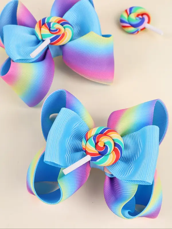 Rainbow Ombre Color Lollipop Design Hair Clips Set, Cute Bowknot Hair Clips for Girls, Fashion Hair Accessories for Party, Daily Clothing Decor 5