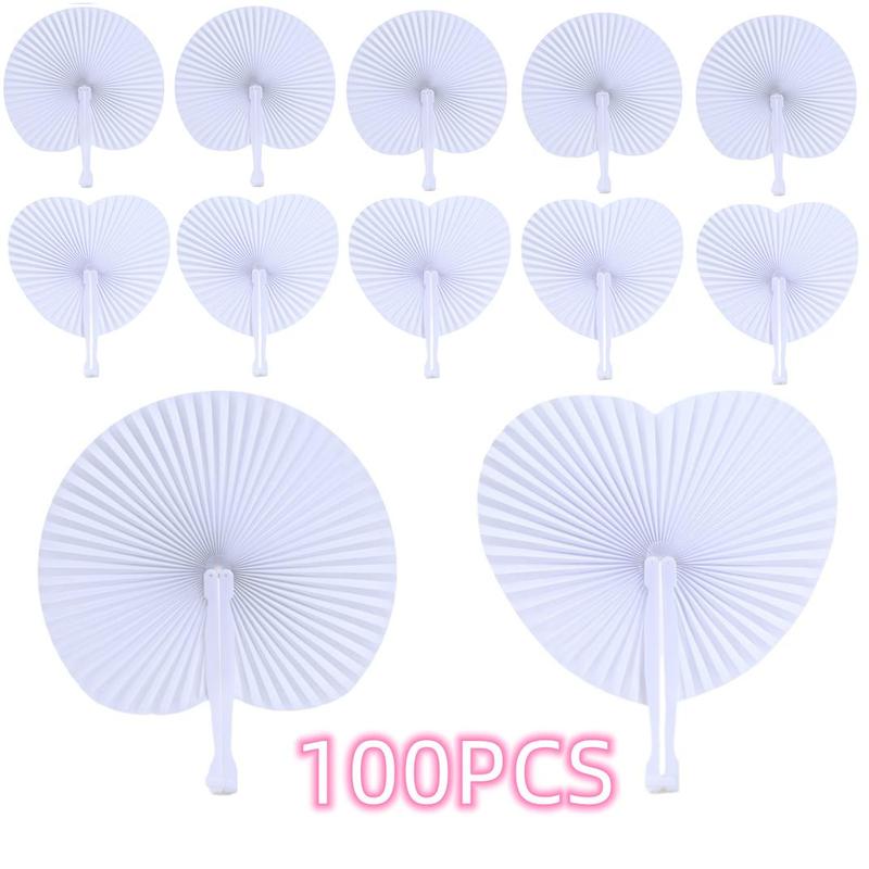 Product Introduction of Portable Paper Fan, 100pcs/set Round & Heart Shaped Paper Fan, Party Gift Supplies for Wedding Birthday Festival 0