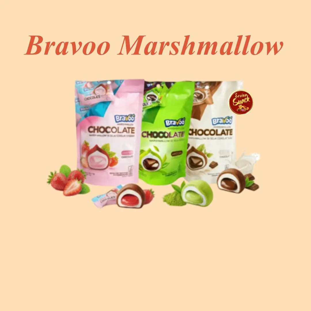 Bravoo Marshmallow Selai Cokelat Susu dan Cokelat Strawberry kemasan Pouch isi 5 bks X 3,6 gr