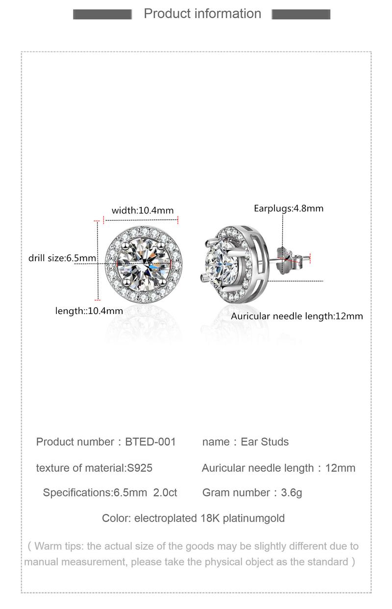 Product Introduction of Bông Tai Đinh tán Bạc Sterling S925 Cao Cấp Moissanite 1 Karat, Bông Tai Túi Tròn Mô Phỏng 3