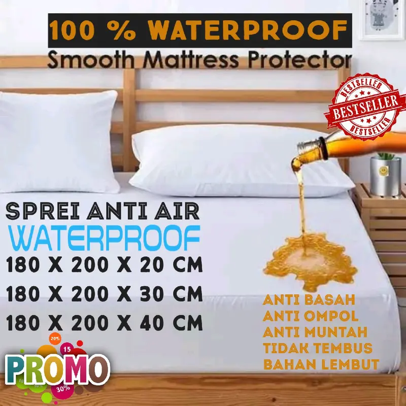 Sprei Waterproof 180x200 CM Anti Air Tersedia Untuk Tinggi Kasur 20,30 Dan 40 CM Kualitas Premium 0