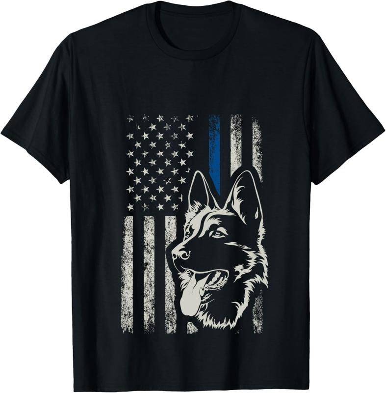 TikTok Shop Patriotic German Shepherd K9 Unit Thin Blue Line Police Gift Unisex Graphic T Shirt