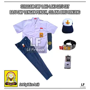 Seragam SMP Anak Laki-Laki Satu Setel Komplit Baju SMP Lengan Pendek Celana Biru Panjang