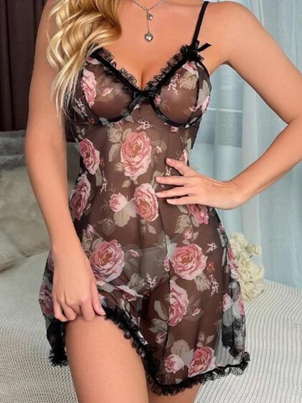 Women's Floral Print Lace Sheer Mesh Cami Nightdress, Romantic Comfy Breathable Nightgown for Women, Women's Sleepwear for All Seasons 4