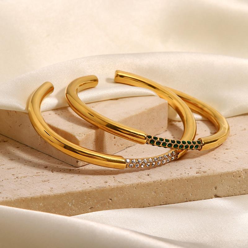 Product Introduction of Cross-Border Ins Internet Celebrity Design 18K Gold Stainless Steel Inlaid Lvzuan Open-Ended Bracelet Vacuum Electroplating Trendy Bracelet 7
