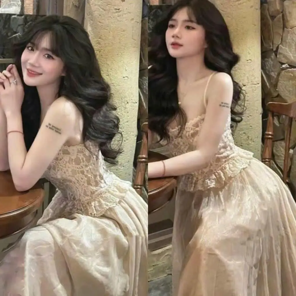 Sét đồ nữ 2 lớp với chân váy dài và áo croptop - Women Voi Ren