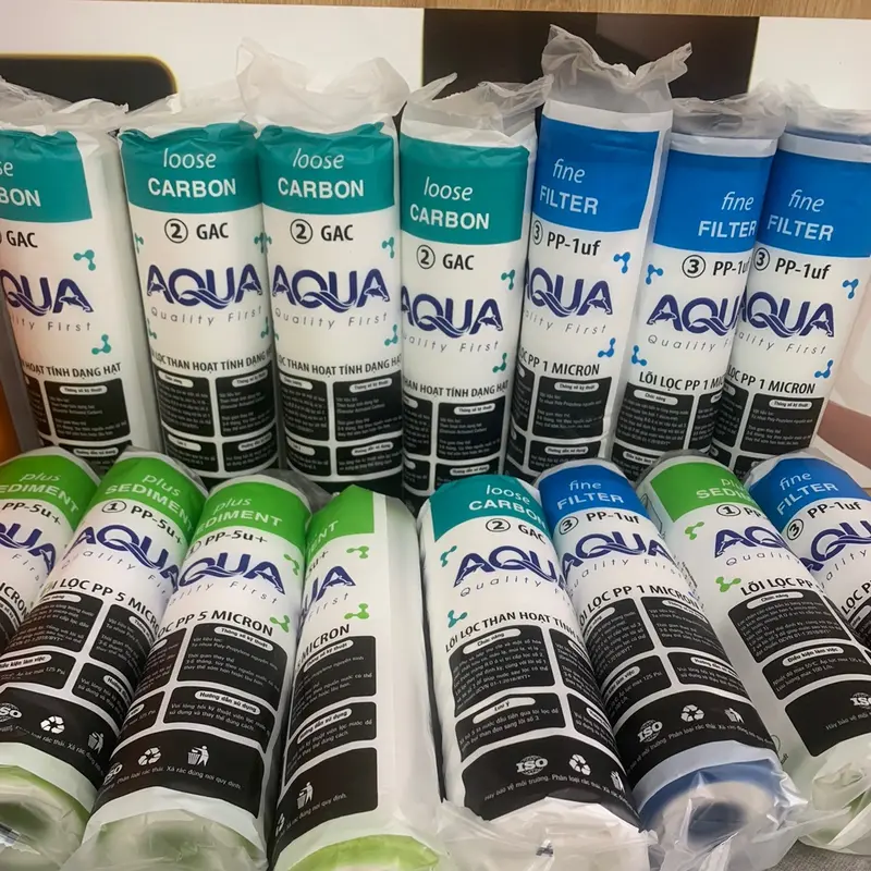 Bộ lõi lọc nước Aqua first 1,2,3 bao gồm lõi 1 Pp 5, lõi 2 than hoạt tính OCB - GAC, lõi 3 PP 5, dùng thay thế cho máy lọc RO thông thường cốc 10 inch, lọc tạp chất , rong rêu, bùn đất, mùi màu không tốt trong nước 4