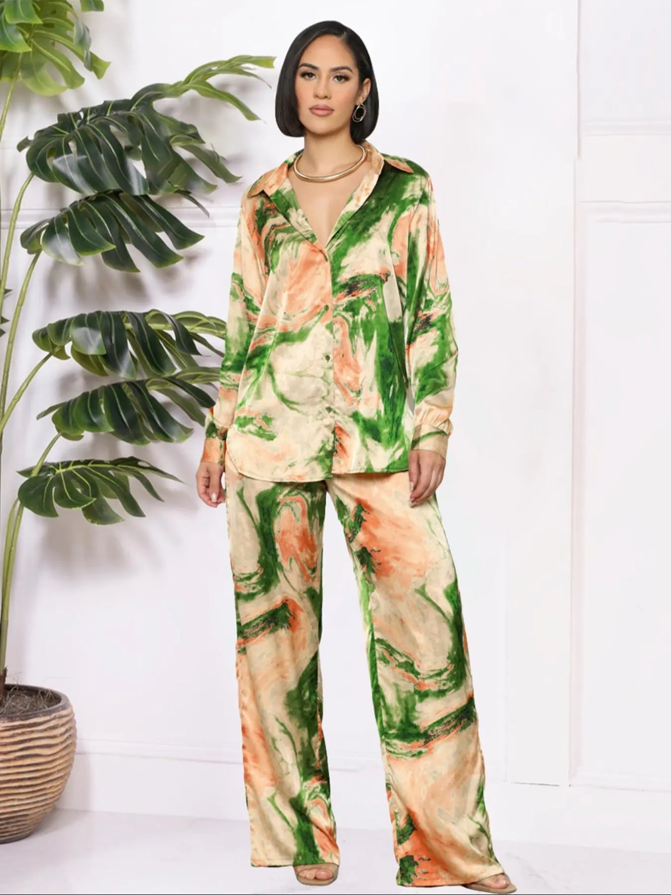 Women's Tie Dye Print Button Up Shirt & Wide Leg Pants Two-piece Set, Casual Long Sleeve Collared Top & Trousers for Spring & Fall, Ladies Clothes for Vacation Holiday