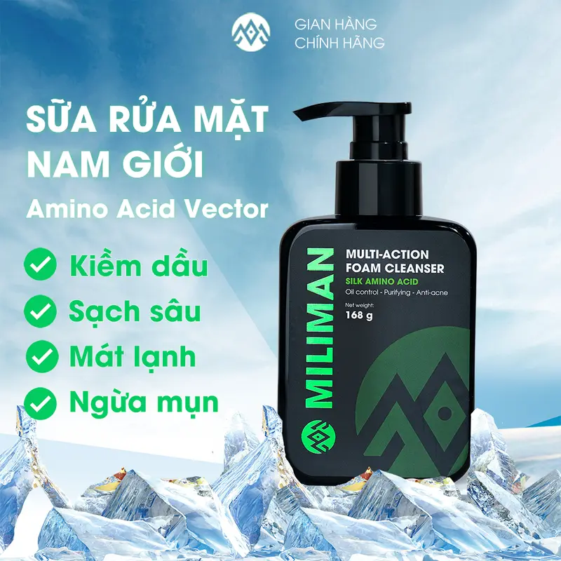 Sữa Rửa Mặt Nam Da Dầu Trắng Da Ngừa Mụn Thương Hiệu MILIMAN Multi – Action Foam Cleanser 168g Cosmetic Massage Tẩy Trang Skincare 0