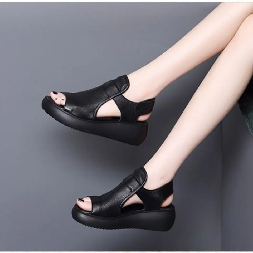 Women's soft leather Roman sandals summer New hollow-out muffin soft bottom non-slip wear-resistant mom shoes