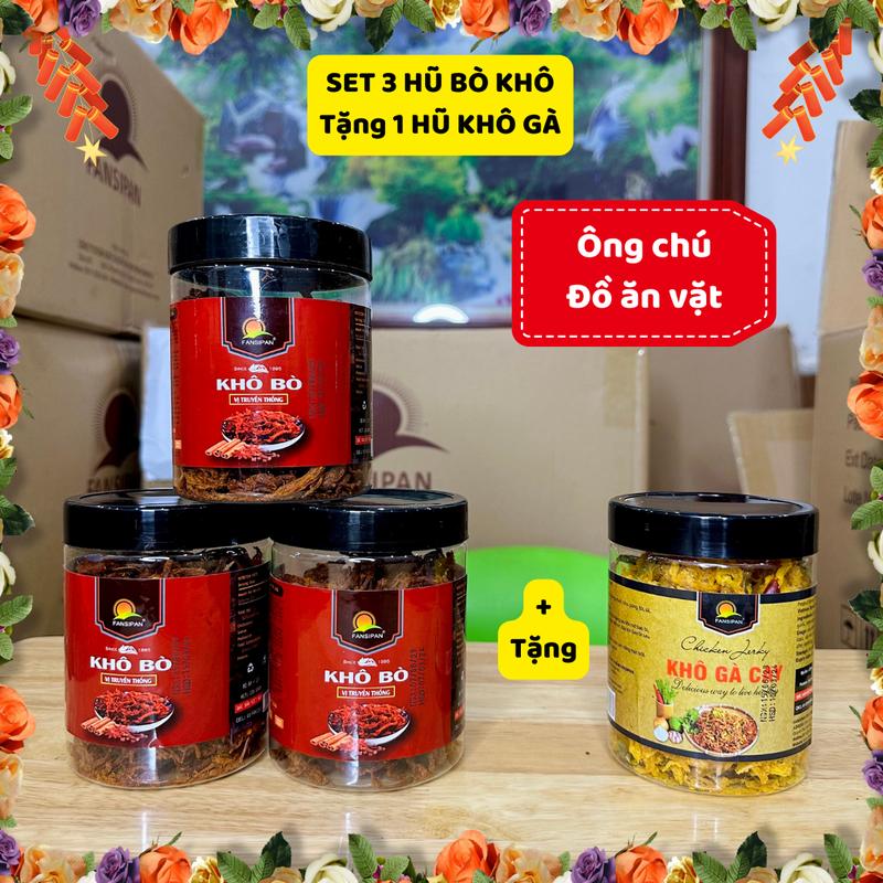 +3 Khô Bò Hũ 150g (30% BÒ) TẶNG 1 KHÔ GÀ - Ông chú đồ ăn vặt CB3 - Đồ ăn vặt snack Food Chua
