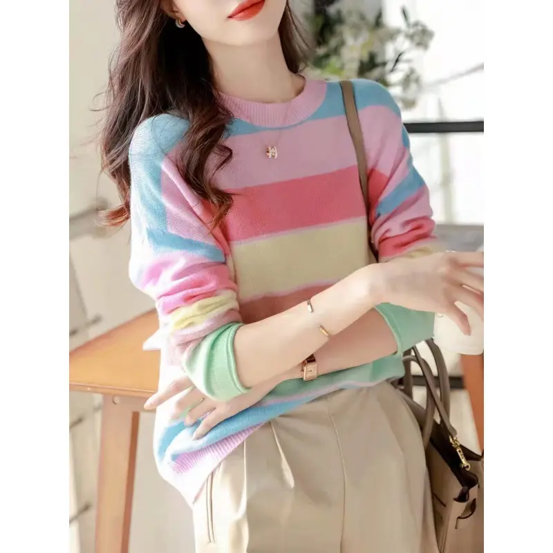 เสื้อสเวตเตอร์ผู้หญิง พลัสไซส์ ลายทางสีรุ้ง สดชื่น พักน้ำชา ต้นฤดูใบไม้ร่วง หวานและอ่อนโยน คอกลม วัสดุเจอร์ซีย์ แฟชั่น ทรงหลวม