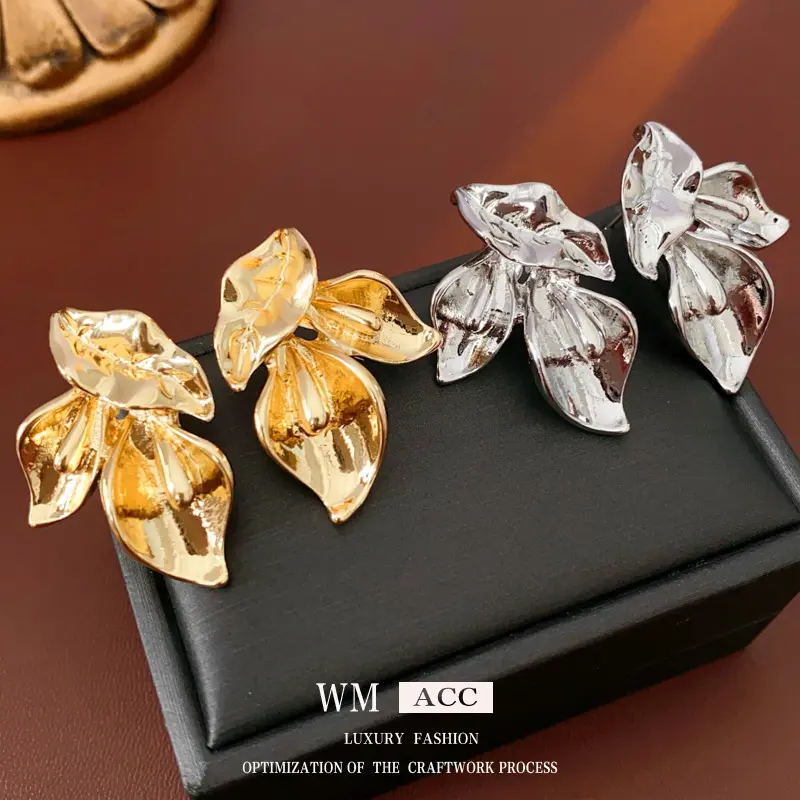 Silver Needle Petals Cold Wind Cross border Earrings European and American Light Luxury High End Earrings Fashion Personality and Temperament Earrings