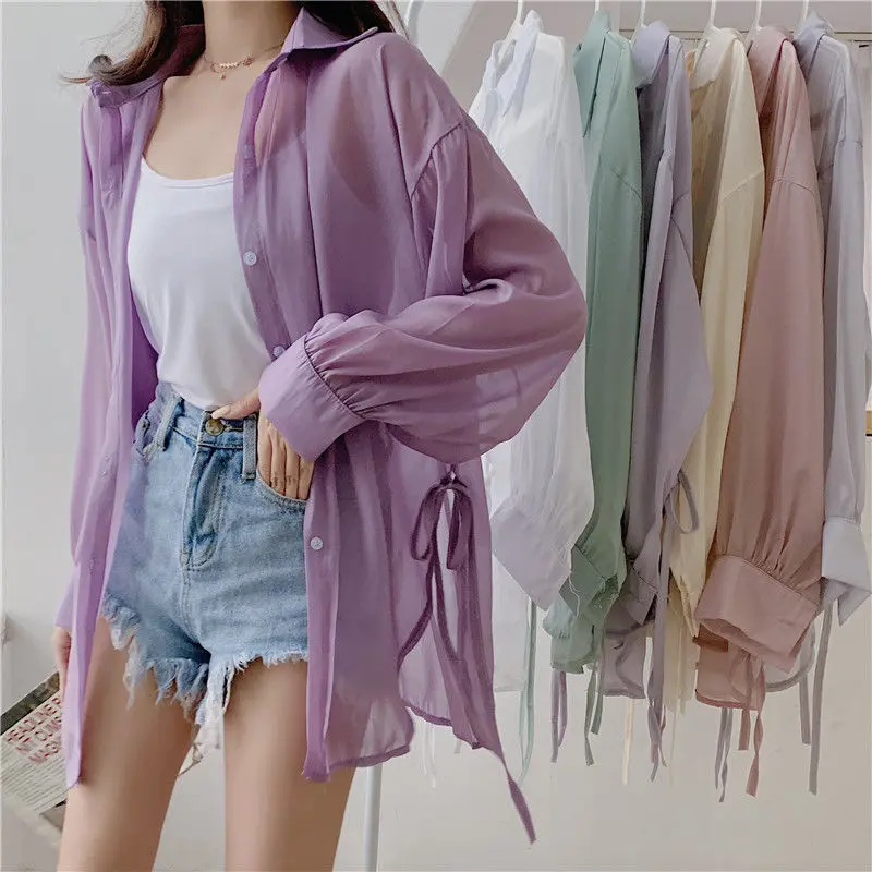 Áo sơ mi nữ mỏng khoác ngoài dài tay đi chơi đi biển phối nơ buộc sườn. Sơ mi nữ dài tay voan mỏng khoác ngoài đi biển.