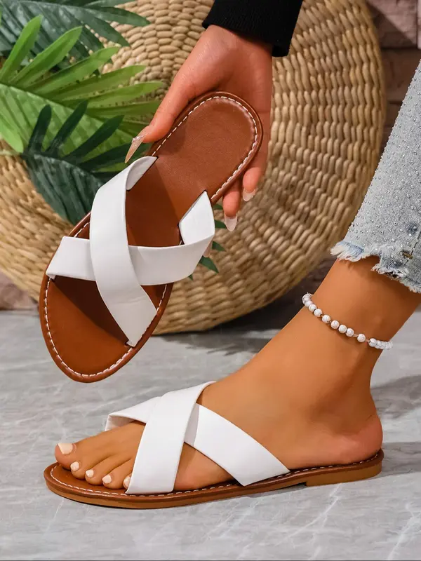 Women's Fashionable Plain Color Slides, Casual Comfortable Crossed Strap Slides for Summer, Lightweight Breathable Slides for Beach Vacation, Walking Shoes 3