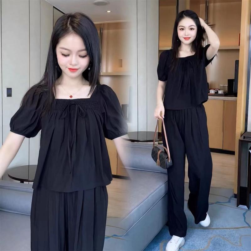 Product Introduction of [Ladies Fashion] plus Size Korean Style Fashion Square Collar Short Sleeve + Wide Leg Pants Casual Two-Piece Suit Women's 2024 Summer New Ins Design Sense 12