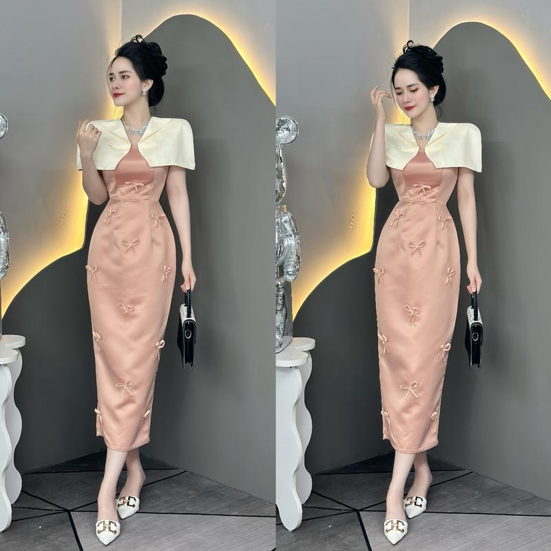 Đầm Dress Nữ Thiết Kế EMME V1833 Taffta Mềm Đính Ngọc Phối Nơ Dáng Dài Cách Điệu Women Đen Voan Màu Đen ( Kèm Áo Choàng )