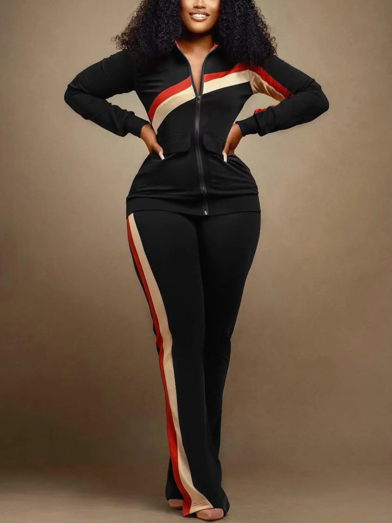 Two-piece Set Women's Striped Print Zip Up Jacket & Elastic Waist Pants, Casual Long Sleeve  Pocket Outerwear & Side Stripe Trousers for Spring & Fall, Women's Clothes for Daily Wear