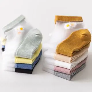 3&6 pasang Kaos Kaki Pendek Wanita Transparan Motif Bunga Daisy / Kaos Kaki Ankle Cute Semata Kaki Korean Import / TS-35 5