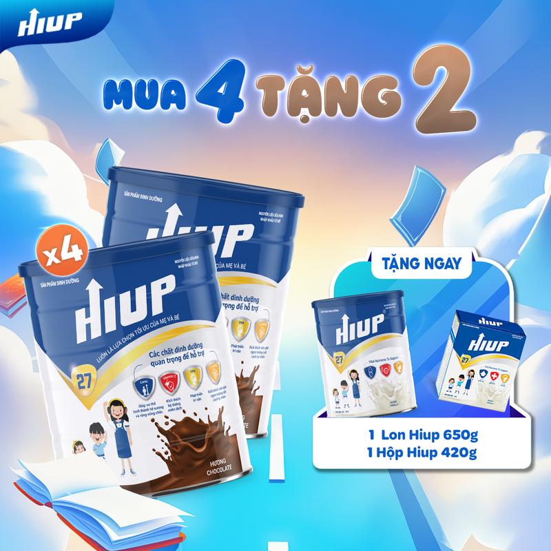 Combo 4 hộp sữa bột HIUP (650g) vị Socola tăng chiều cao cho trẻ từ 2 đến 18 tuổi + Quà Tặng Cho Bé