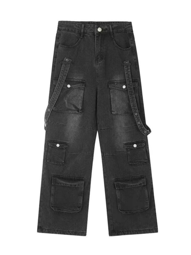 Product Introduction of JEANS STRAP BOX (8 Túi hộp phối đai) - Quần jeans ống rộng phủ gót chùm giày halo kaki Pants Kem Nữ Denim Ong 10