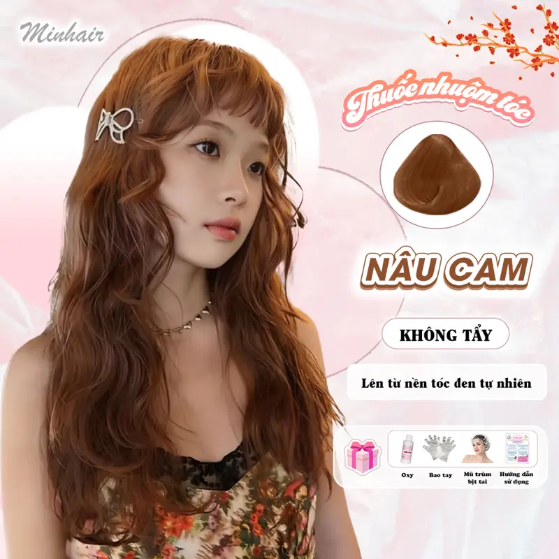 Thuốc nhuộm tóc Nâu, thuốc nhuôm tóc màu Nâu Cam tặng kèm oxy trợ dưỡng và bao tay 0