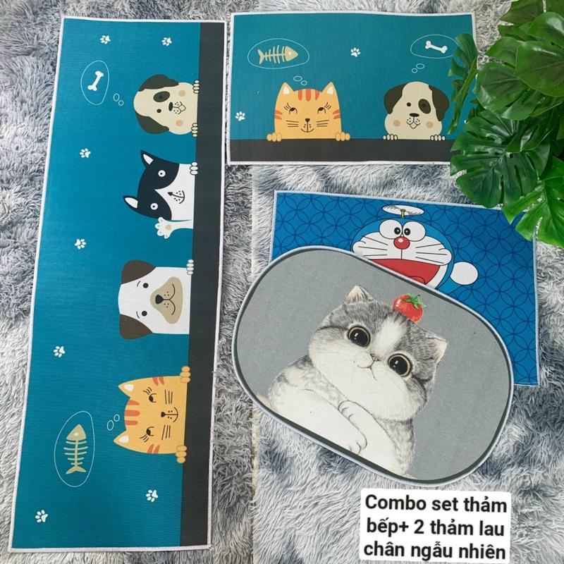 Combo thảm bếp bộ 2 tấm + 2 thảm lau chân chống trơn trượt cực kì thấm hút nước
