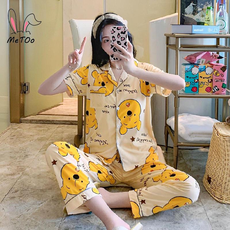 Bộ Đồ Ngủ Pijama Cotton, MeToo, Thiết Kế Thời Trang Mới, Quần Áo Đồ Ngủ Cho Nữ, Quần Áo Đồ Mặc Ở Nhà, Vải, Cổ Áo Có Cúc, Thêu, Phong Cách Quần Và Áo Sơ Mi Hàn Quốc, Đồ Lót, Đồ Mặc Nhà Cho Nữ, Quần Dài, Bộ Đồ Ngủ, Pjs 2