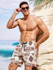 Men's Ethnic Pattern Drawstring Waist Sports Shorts, Regular Fit Casual Comfy Breathable Shorts for Summer, Men's Bottoms for Beach Vacation