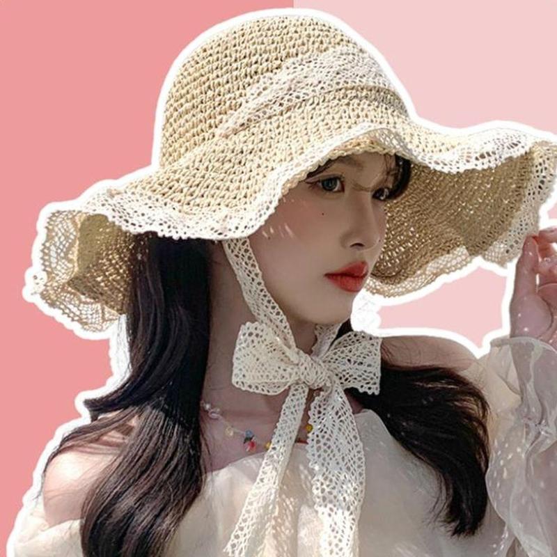 Mũ cói nữ đi biển vành rộng nón thời trang có dây buộc viền ren tiểu thư đội chụp ảnh đẹp lung linh Hat M2 Len