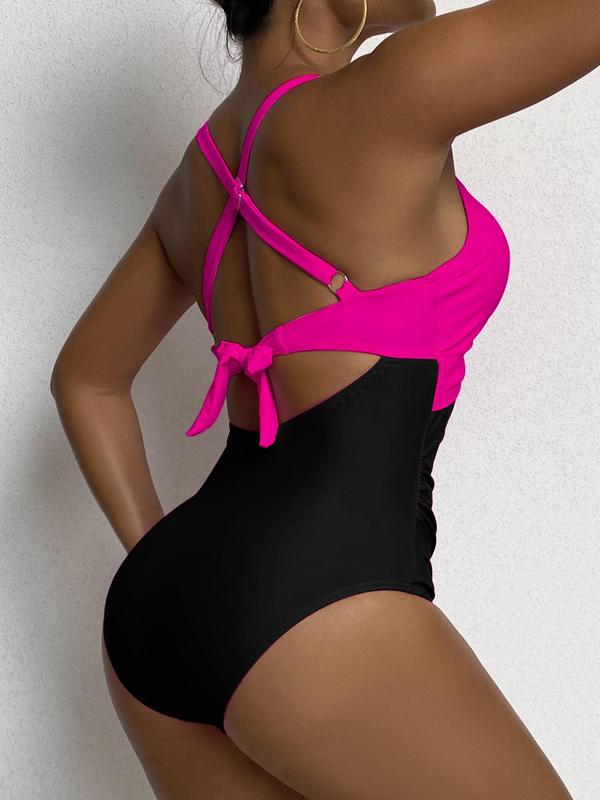 Women's Colorblock Criss Cross Cut Out Draped Swimsuit, Casual Adjustable Strap Knot Back One Piece Swimwear for Summer, Swimsuit for Women, Tankini Swimsuits for Women Valentine's Day, gift 5