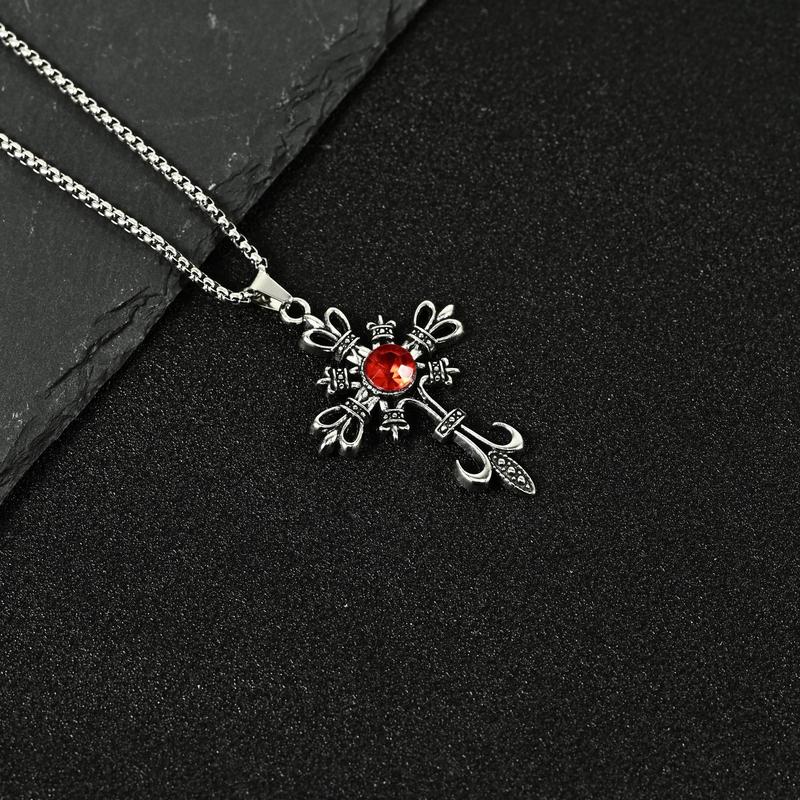 Product Introduction of European and American Retro Ruby Cross Necklace Gothic Dark Fashion Pendant Necklace 1