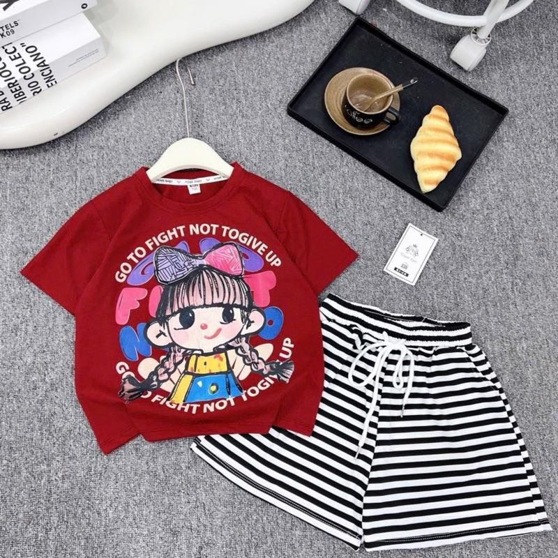  Set Áo thun cotton và Quần short kẻ mềm mát họa tiết Cô Bé Tóc Xù hottrend hè 2025 M1 cho bé gái  10-45kg  
